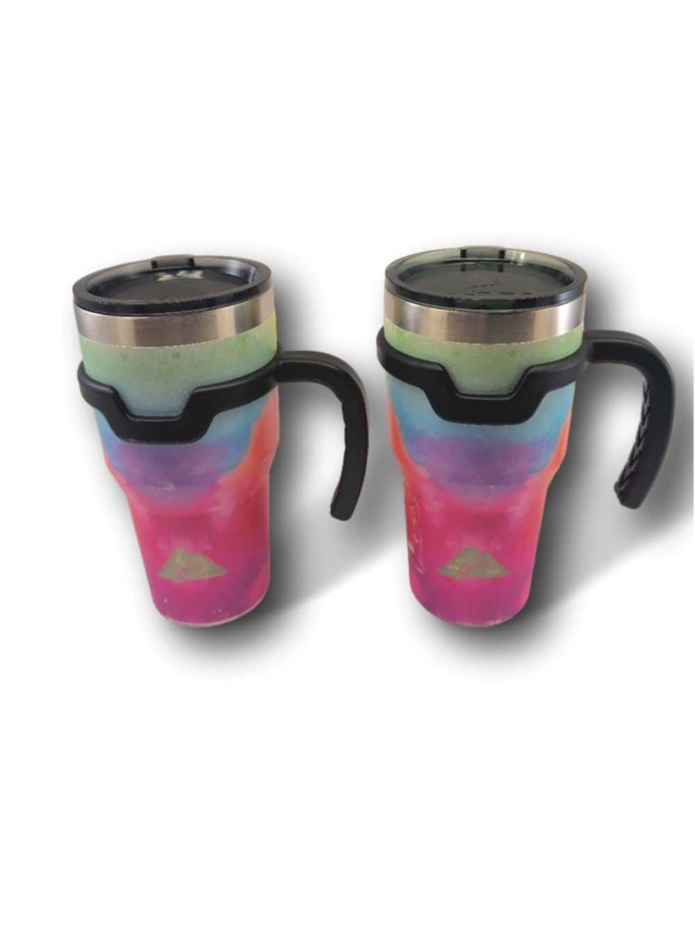 Set of 2 Ozark Trail 30.oz tumblers with handles and lids, rainbow Pink Blue